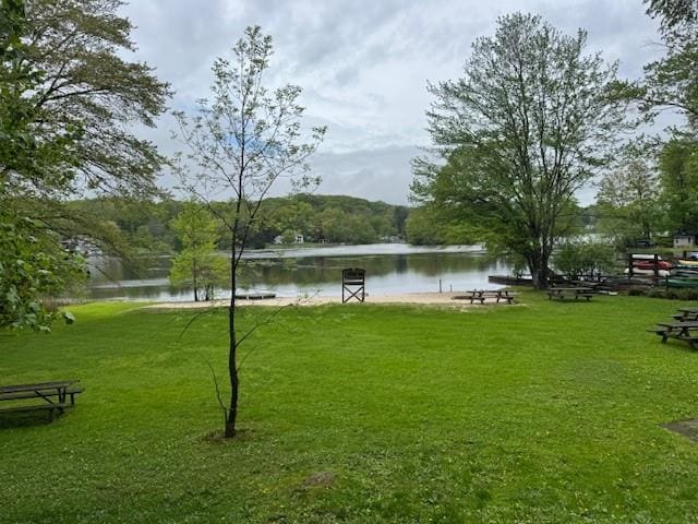 view of community featuring a water view and a yard