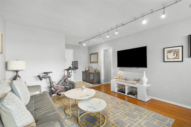 living area featuring baseboards, track lighting, and wood finished floors
