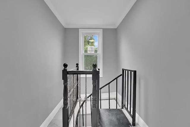 staircase featuring baseboards, marble finish floor, and crown molding
