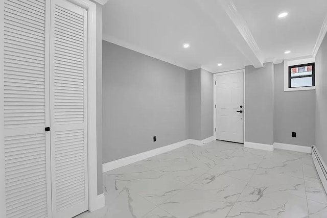 interior space with baseboards, a baseboard radiator, marble finish floor, ornamental molding, and recessed lighting