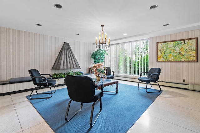 377 Westchester Ave Unit 6C, Port Chester, NY 10573 - living area featuring speckle patterned floor, wallpapered walls, a chandelier, and recessed lighting
