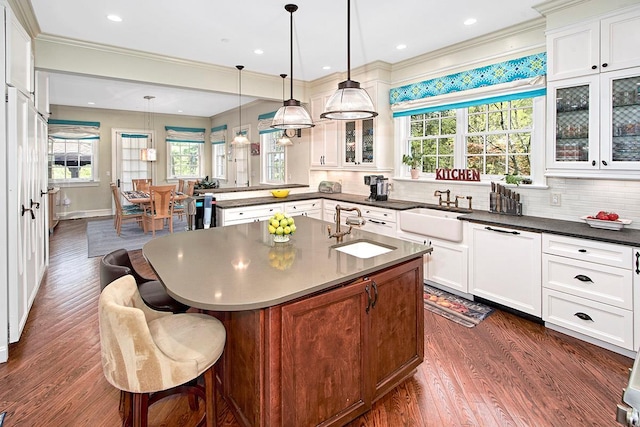 kitchen with a sink, glass insert cabinets, and dark wood-style flooring