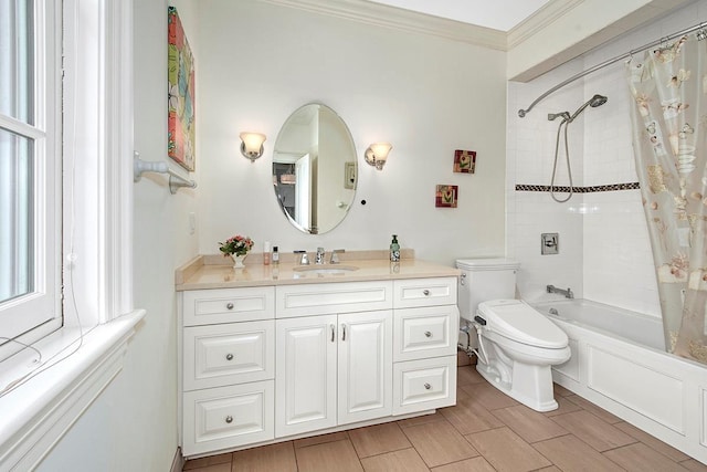 full bathroom with vanity, tile patterned floors, toilet, ornamental molding, and shower / bath combo with shower curtain