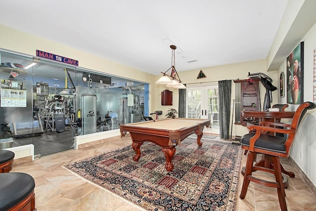 game room with billiards and french doors