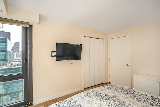 bedroom with baseboards, wood finished floors, and a closet