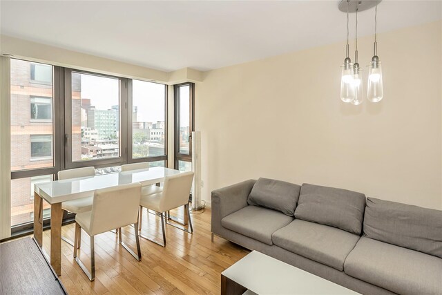 living room featuring a chandelier, a city view, and light wood finished floors