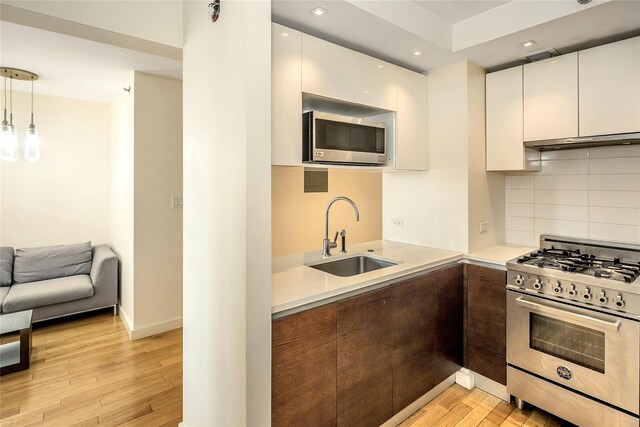 kitchen featuring modern cabinets, tasteful backsplash, light wood-type flooring, a sink, and stainless steel appliances