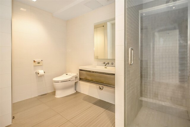 bathroom featuring vanity, tile walls, a stall shower, and toilet