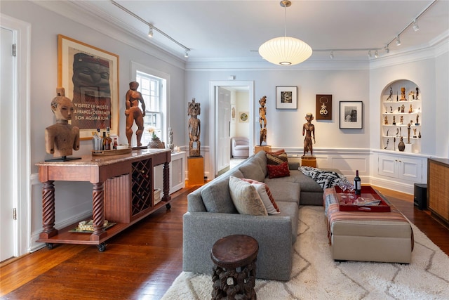 157 Alta Ave, Yonkers, NY 10705 - living area with built in features, rail lighting, ornamental molding, and wood finished floors
