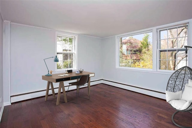 157 Alta Ave, Yonkers, NY 10705 - office area featuring crown molding, hardwood / wood-style flooring, baseboards, and baseboard heating