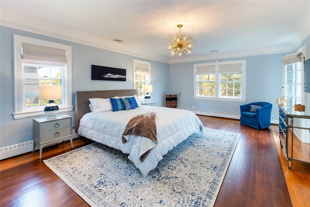 157 Alta Ave, Yonkers, NY 10705 - bedroom with multiple windows, a chandelier, a baseboard heating unit, and crown molding
