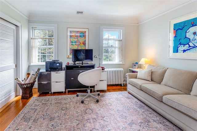 157 Alta Ave, Yonkers, NY 10705 - office area featuring crown molding, a wealth of natural light, visible vents, and radiator heating unit