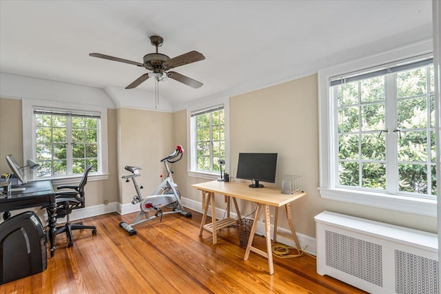 home office with lofted ceiling, light wood-style flooring, baseboards, radiator, and ceiling fan