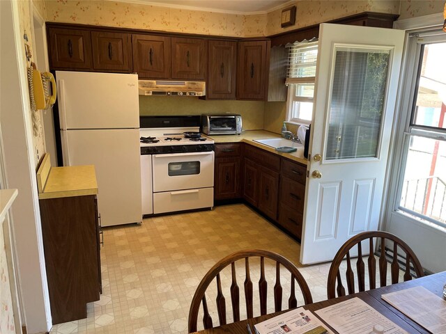 kitchen with white appliances, under cabinet range hood, light flooring, and plenty of natural light