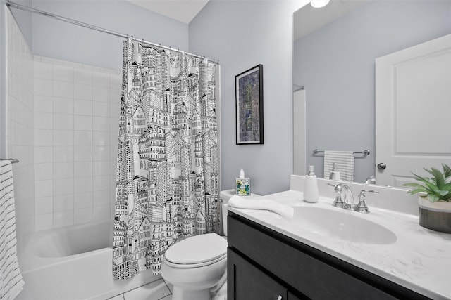 bathroom featuring toilet, shower / bathtub combination with curtain, and vanity
