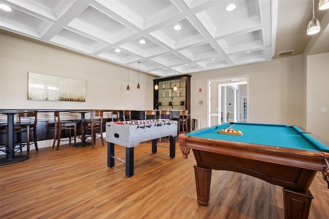 recreation room with beam ceiling, recessed lighting, billiards, wood finished floors, and coffered ceiling