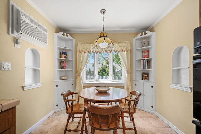 19 Winthrop St, New Hyde Park, NY 11040 - dining room with a chandelier, a wall mounted AC, light tile patterned flooring, ornamental molding, and baseboards