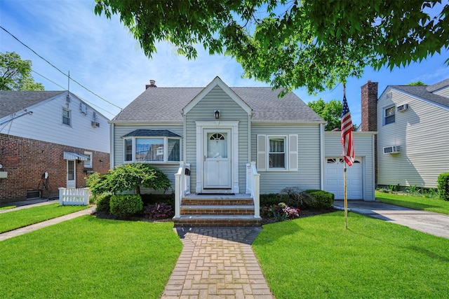 19 Winthrop St, New Hyde Park, NY 11040 - bungalow-style home with driveway, a front lawn, roof with shingles, and a chimney