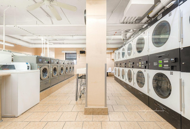 community laundry room with washer and dryer, ceiling fan, light tile patterned floors, and stacked washer and clothes dryer