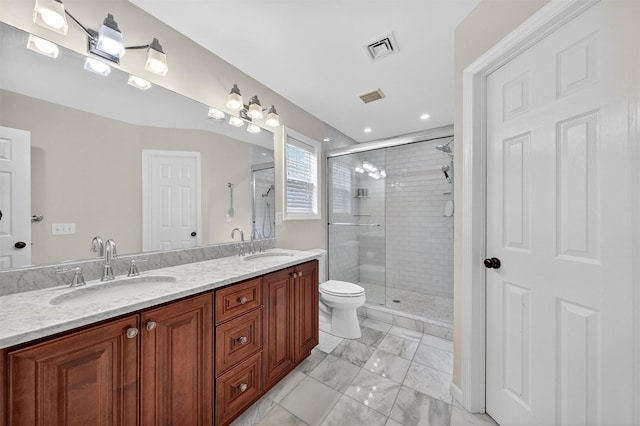 50 Roosevelt Dr, Poughquag, NY 12570 - full bathroom featuring marble finish floors, double vanity, a shower stall, and recessed lighting