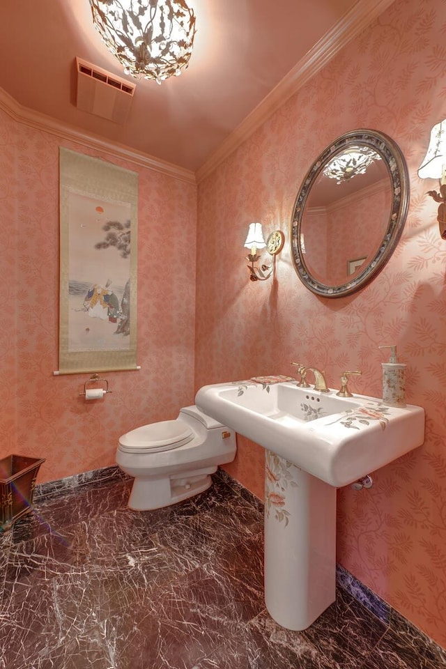 94 Schoolhouse Ln, Roslyn Heights, NY 11577 - bathroom featuring toilet and ornamental molding