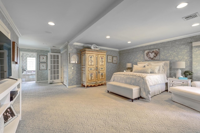 94 Schoolhouse Ln, Roslyn Heights, NY 11577 - carpeted bedroom featuring ornamental molding, wallpapered walls, recessed lighting, and baseboards