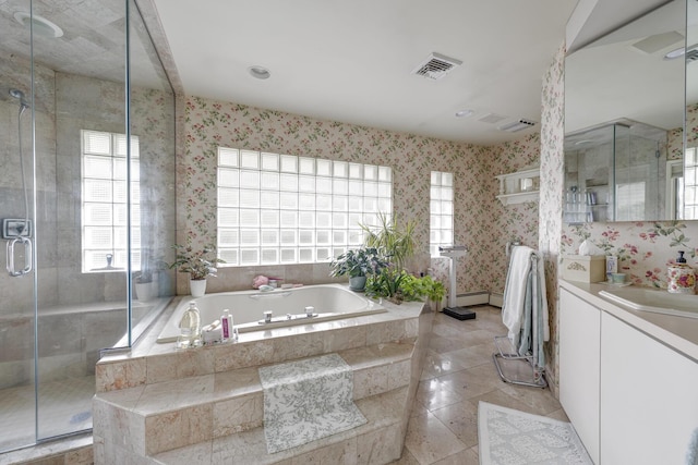94 Schoolhouse Ln, Roslyn Heights, NY 11577 - bathroom featuring vanity, plenty of natural light, a garden tub, a stall shower, and wallpapered walls