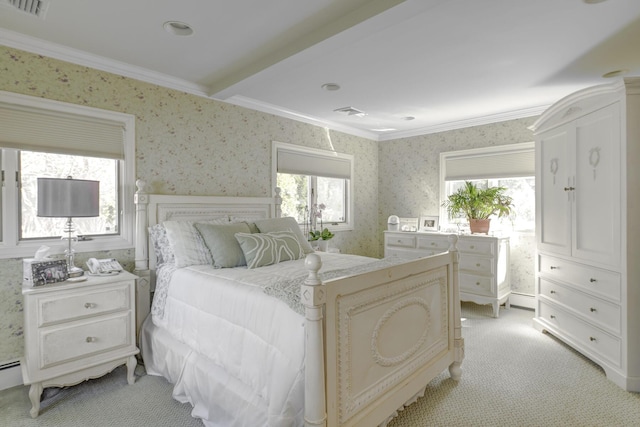 94 Schoolhouse Ln, Roslyn Heights, NY 11577 - bedroom featuring wallpapered walls, crown molding, light carpet, and baseboard heating