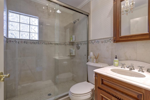 94 Schoolhouse Ln, Roslyn Heights, NY 11577 - full bath with toilet, a shower stall, vanity, and crown molding