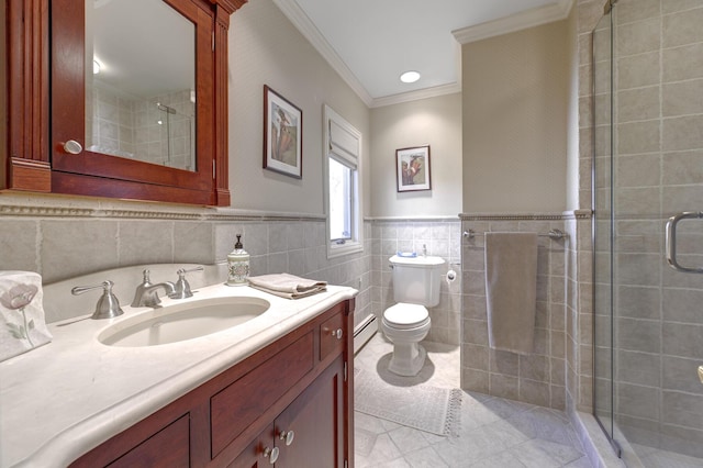 94 Schoolhouse Ln, Roslyn Heights, NY 11577 - bathroom featuring crown molding, toilet, a stall shower, vanity, and tile patterned floors