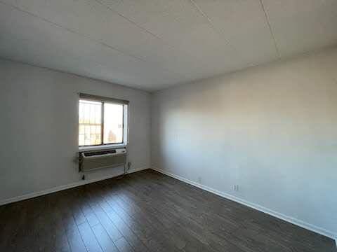 spare room with baseboards, a wall unit AC, and wood finished floors