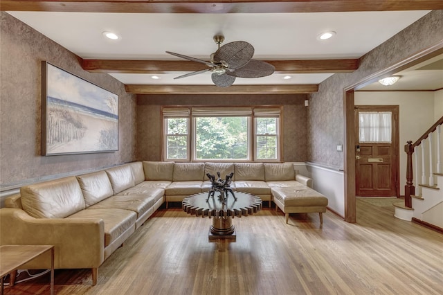 living room with light wood-style flooring, stairs, beamed ceiling, a ceiling fan, and recessed lighting