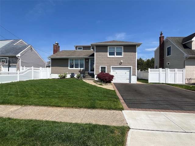 split level home featuring an attached garage, aphalt driveway, fence, and a front yard