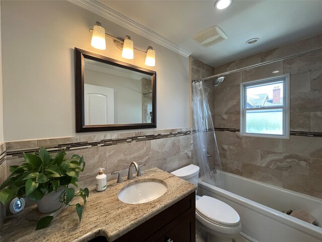 bathroom with crown molding, tile walls, vanity, toilet, and shower / tub combo with curtain