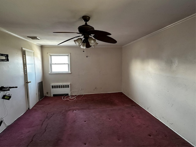 827 Eastfield Rd, Westbury, NY 11590 - carpeted empty room with visible vents, ornamental molding, radiator, and ceiling fan