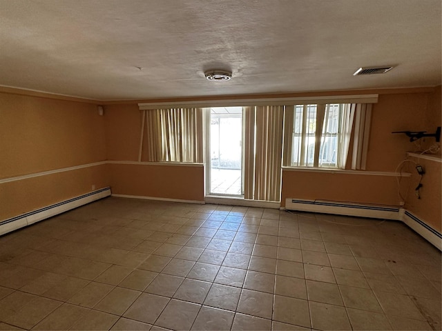 827 Eastfield Rd, Westbury, NY 11590 - unfurnished room with a textured ceiling, visible vents, baseboards, a baseboard radiator, and light tile patterned flooring