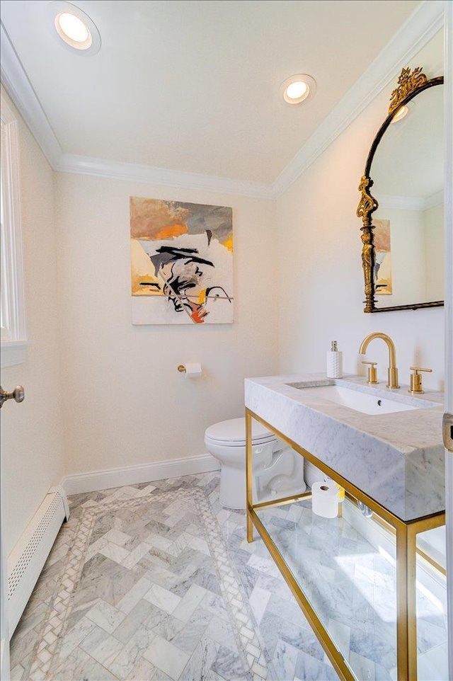 78 Schultz Hill Rd, Rhinebeck, NY 12580 - bathroom with toilet, ornamental molding, a baseboard radiator, vanity, and baseboards