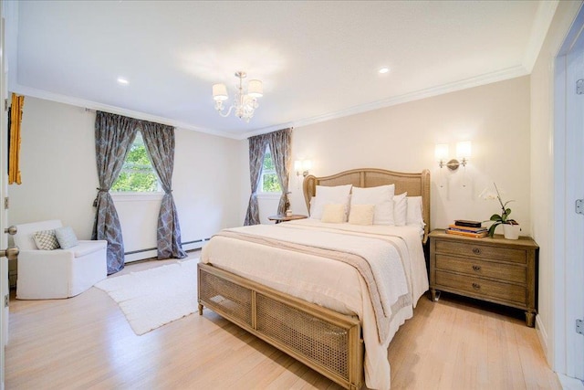 78 Schultz Hill Rd, Rhinebeck, NY 12580 - bedroom with a chandelier, light wood-style flooring, a baseboard heating unit, crown molding, and recessed lighting