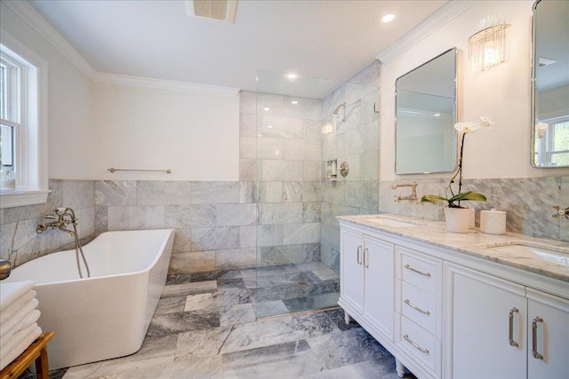 78 Schultz Hill Rd, Rhinebeck, NY 12580 - bathroom with ornamental molding, a walk in shower, a freestanding tub, double vanity, and tile walls