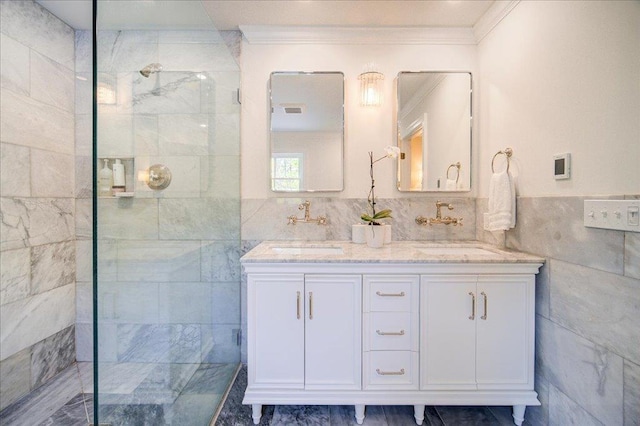 78 Schultz Hill Rd, Rhinebeck, NY 12580 - full bathroom featuring ornamental molding, tile walls, walk in shower, and double vanity
