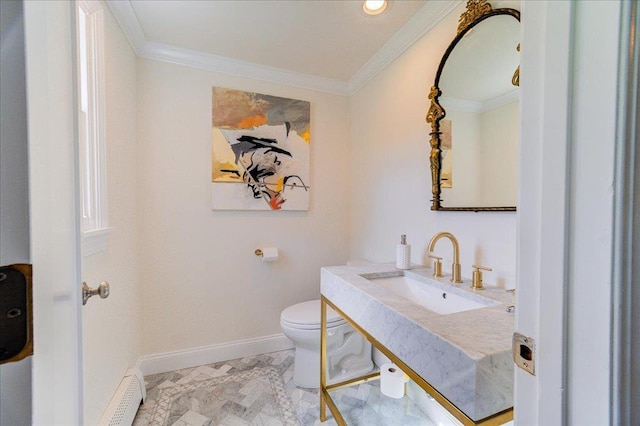 78 Schultz Hill Rd, Rhinebeck, NY 12580 - bathroom featuring toilet, crown molding, vanity, and baseboards