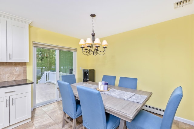 dining area featuring baseboard heating, a chandelier, and visible vents