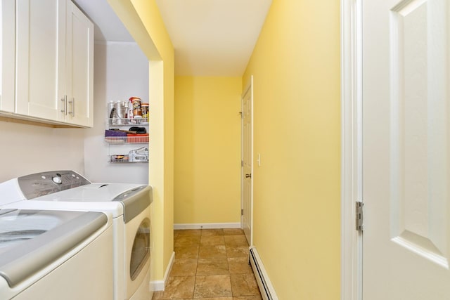 laundry room with cabinet space, independent washer and dryer, baseboards, and a baseboard heating unit