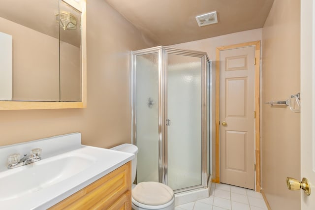 full bath with toilet, a stall shower, visible vents, tile patterned flooring, and vanity