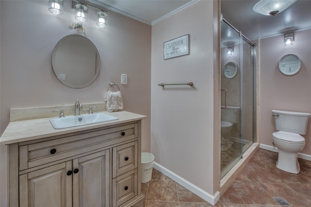 bathroom with crown molding, vanity, toilet, baseboards, and a shower stall