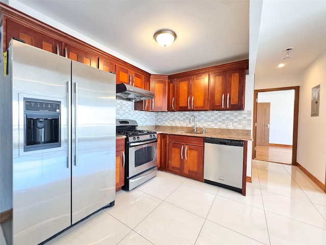 kitchen featuring a sink, decorative backsplash, appliances with stainless steel finishes, and under cabinet range hood