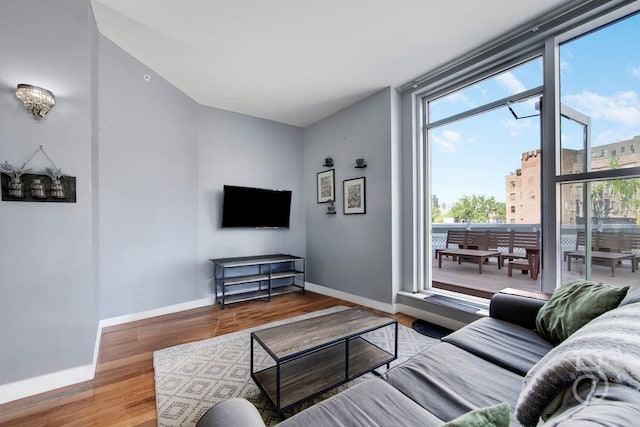 11-24 31st Ave Unit 3A, Astoria, NY 11106 - living room with healthy amount of natural light, wood finished floors, baseboards, and a wall of windows