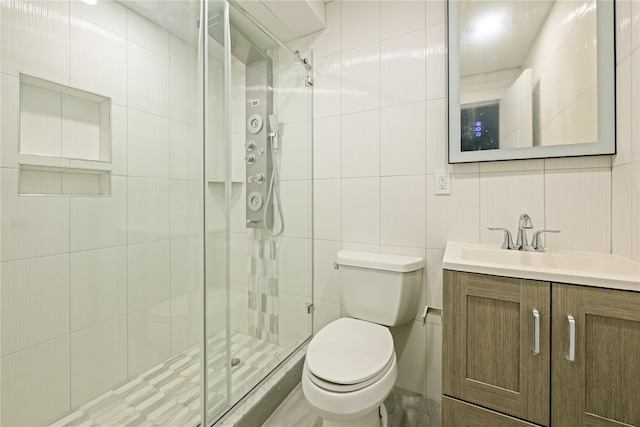 26 Kingston Ave, Hicksville, NY 11801 - full bath featuring vanity, a shower stall, toilet, and tile walls