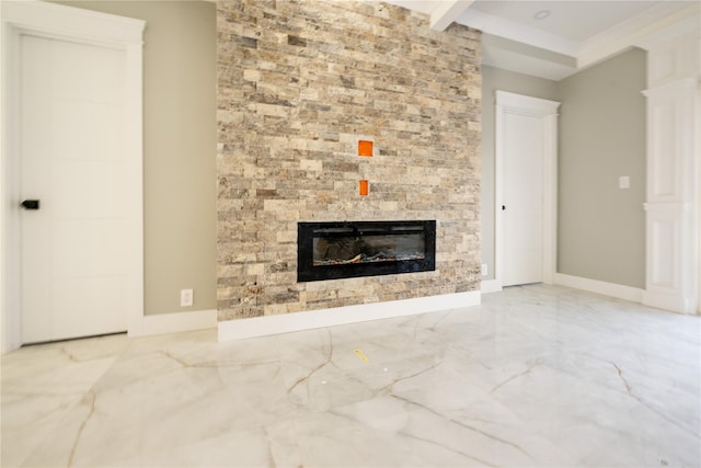 26 Kingston Ave, Hicksville, NY 11801 - unfurnished living room with baseboards, a stone fireplace, beam ceiling, and marble finish floor