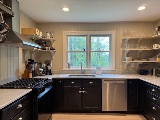 101 Old Plank Rd, Sparrowbush, NY 12780 - kitchen with open shelves, stainless steel dishwasher, black range with gas stovetop, a sink, and range hood